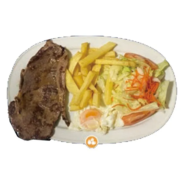 Bistec con patatas, ensalada y huevo